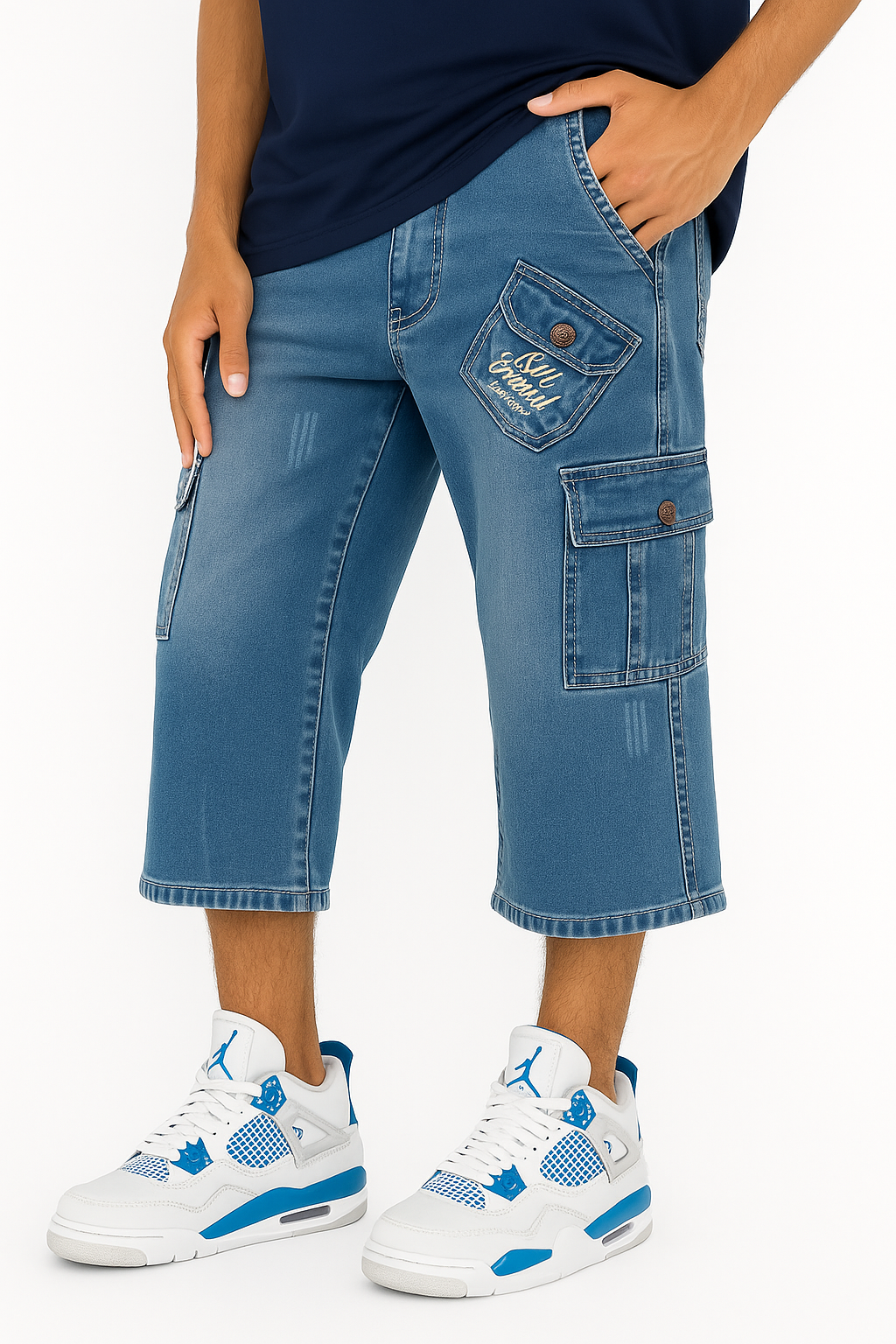 Men's Cargo Denim Shorts with Embroidered Logo