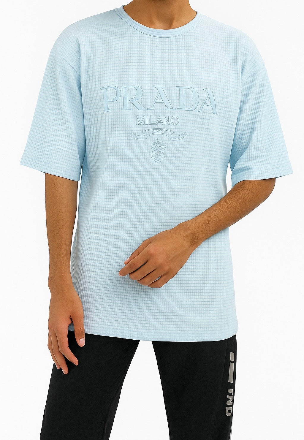 Prada Milano Light Blue Embossed Logo T-Shirt
