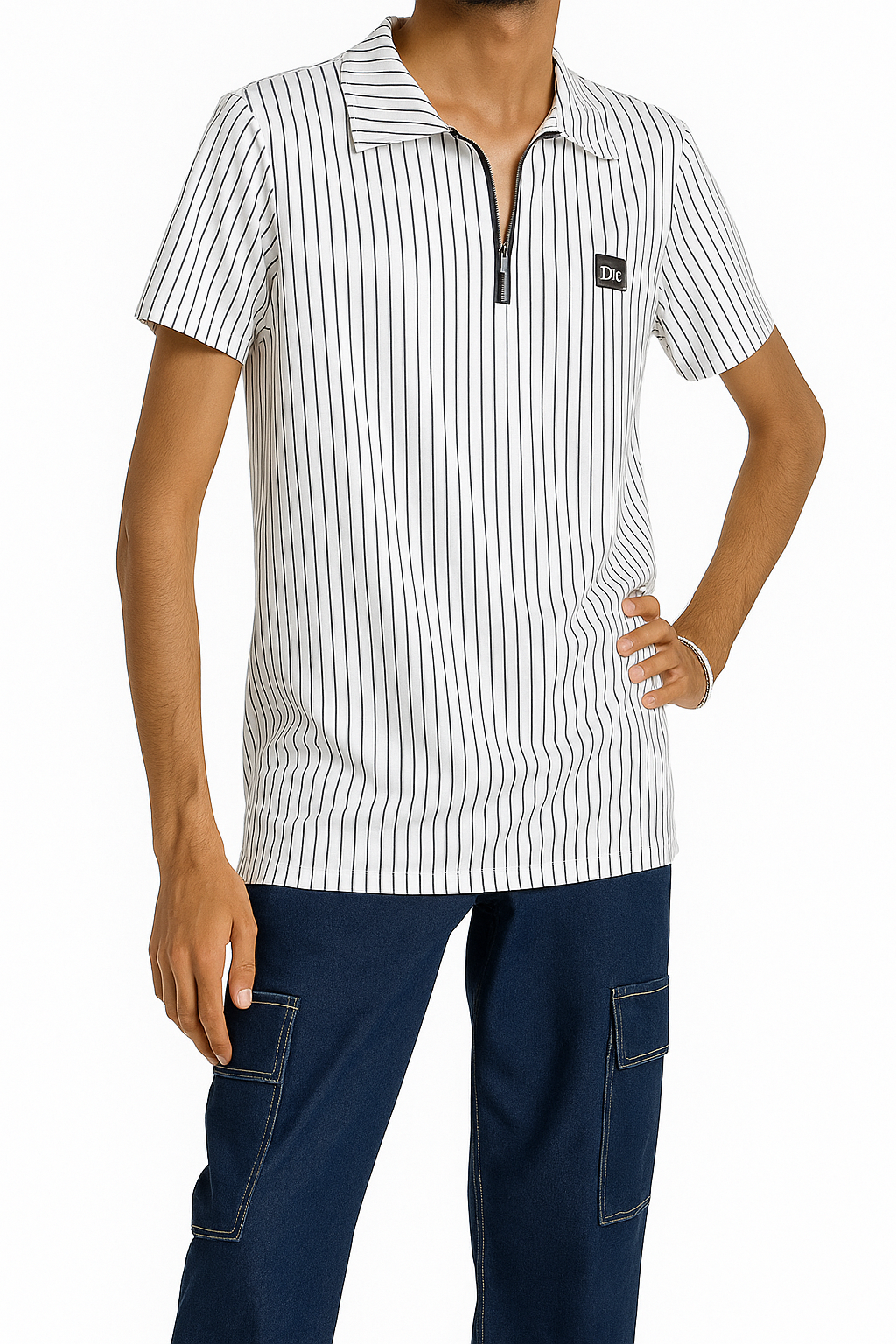 Men’s Vertical Stripe Polo Shirt with Half-Zip Closure