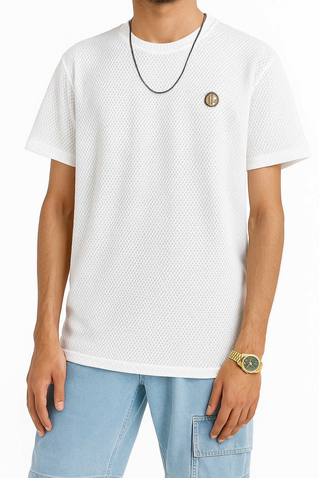 Premium Textured White T-Shirt with Signature Emblem