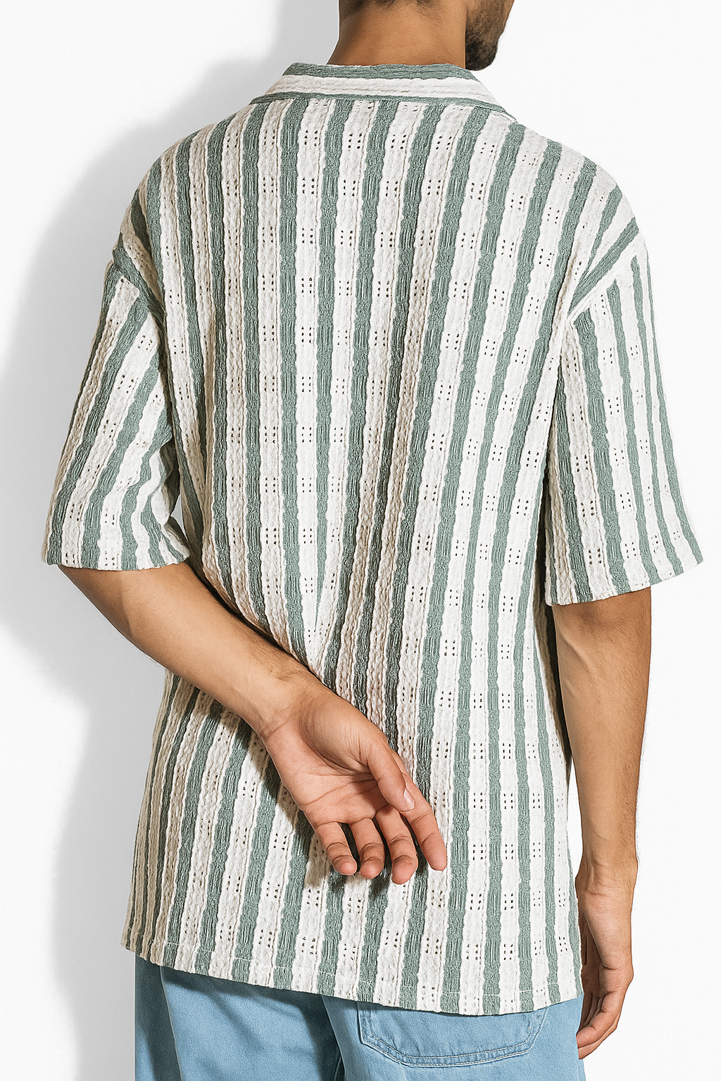 Textured Striped Seersucker Shirt – Sage & Cream