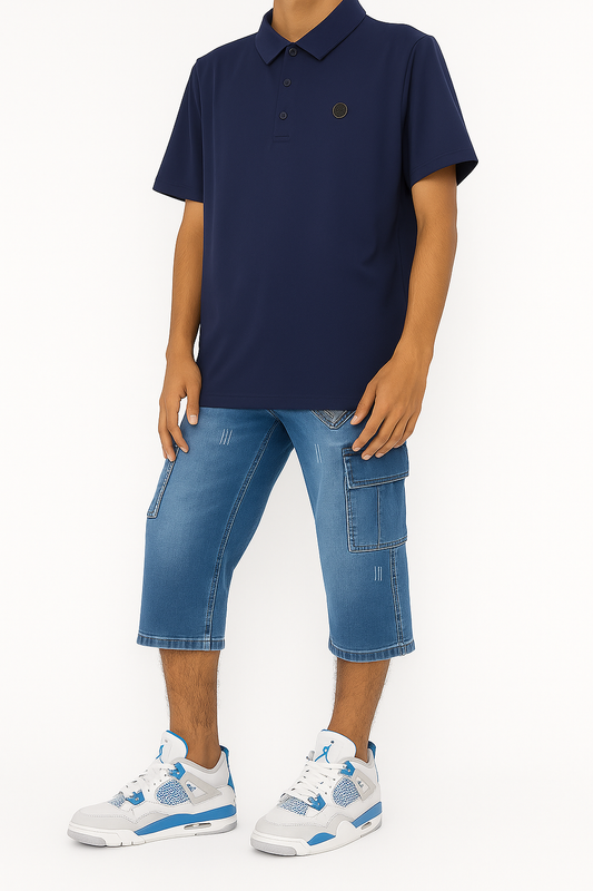 Men's Cargo Denim Shorts with Embroidered Logo