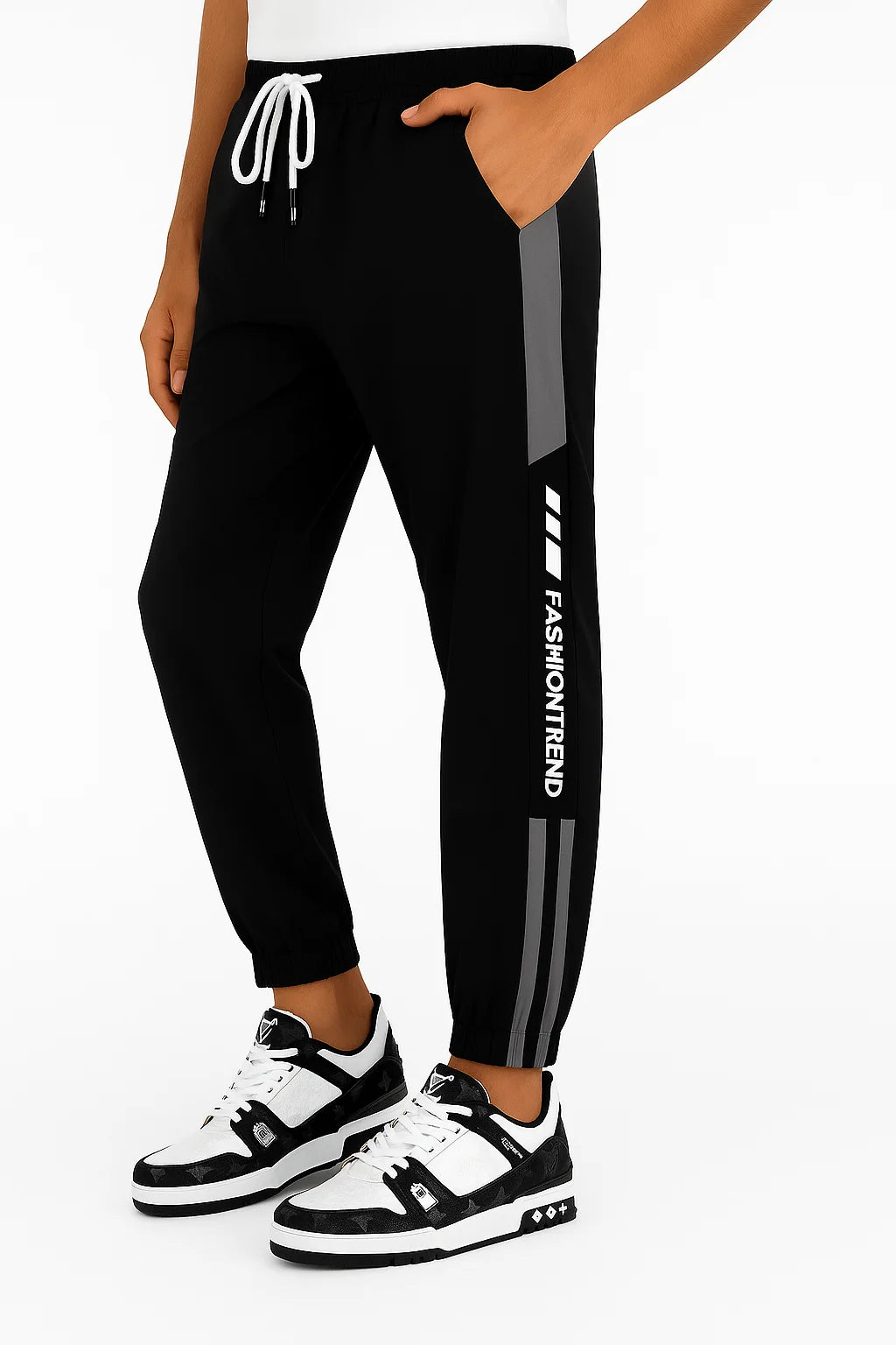 "Urban Street-Style Black Joggers with Bold Graphics"